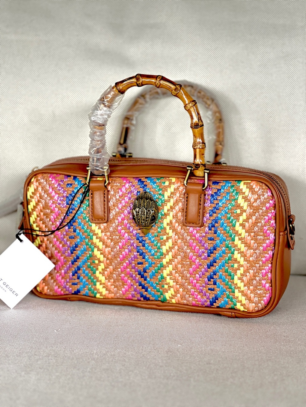 KURT Geiger Kensington woven raffia leather combo daffle crossbody  brown bag